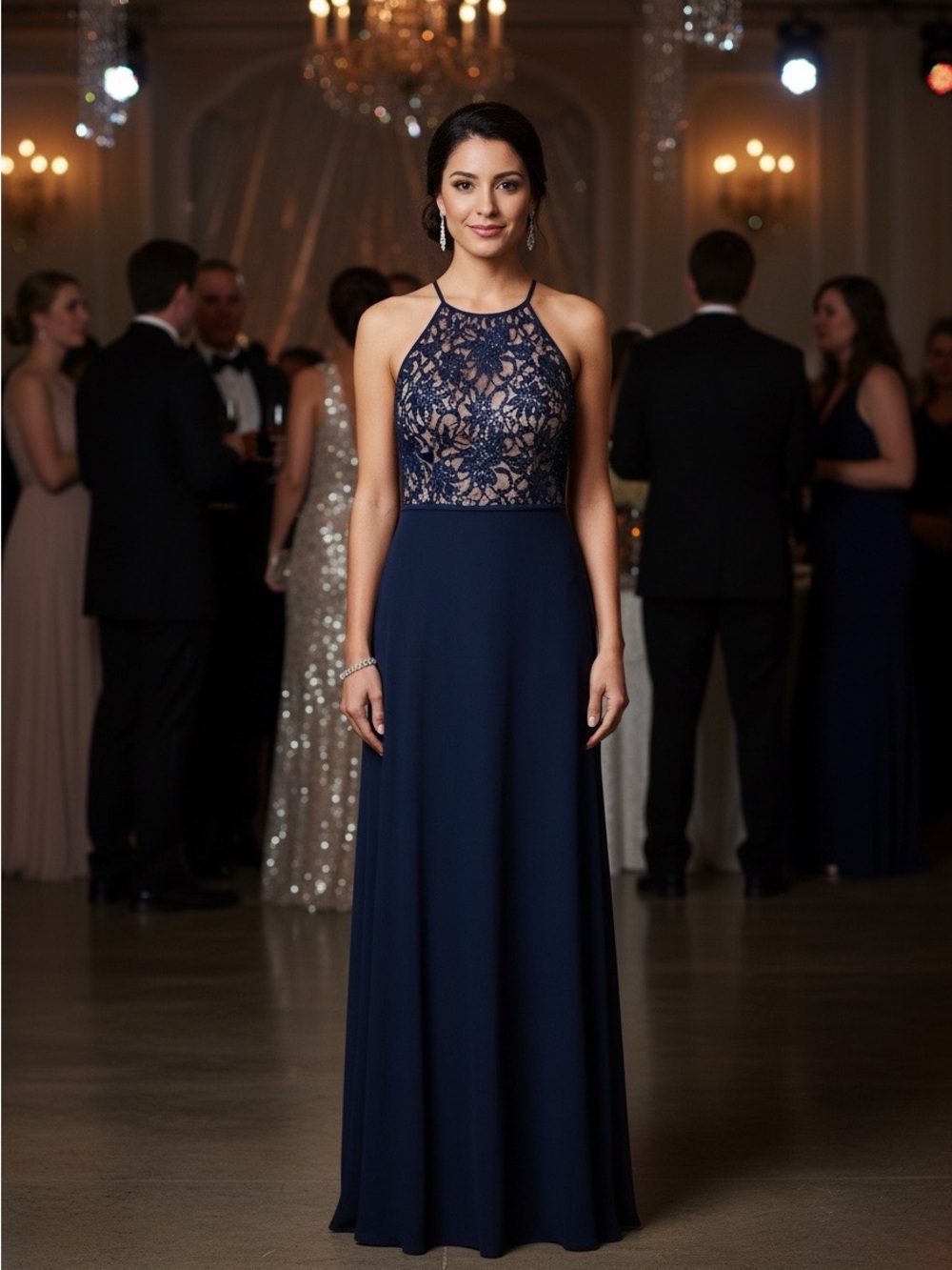 Night Way Collections Navy Lace Halter Prom Gown